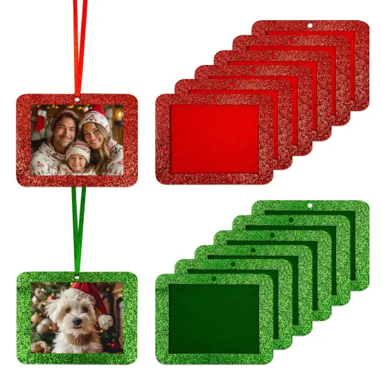 Wrapables Christmas Holiday Glittery Felt Photo Frame Ornaments (Set of 12), Red and Green Rectangle {1}