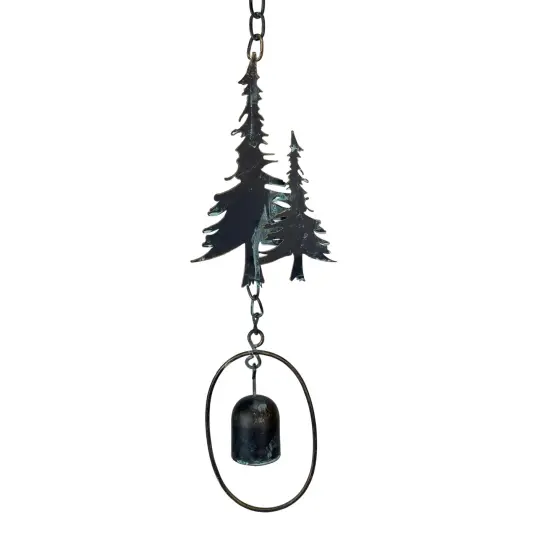70" Metal Rain Chain - Forest Trees & Zen Bells, Aged Verdigris, 3.25" Diameter {5}