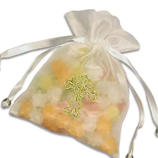 Golden Cross Embroidered Organza Bags 4'' x 6'' Favors {3}