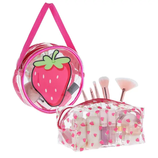 Set of 2 Strawberry Makeup Bag for Face Powder, Mascara, Lipgloss, Clear Travel Bags for Toiletries (2 Designs) Pink {1}
