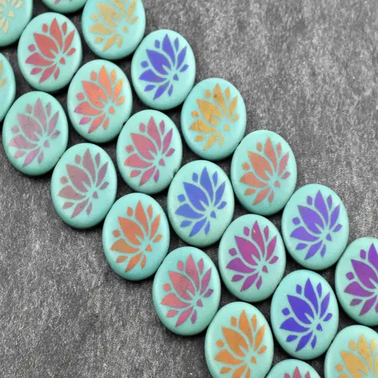 *8* 17mm Opaque Turquoise Sliperit Lotus Flower Laser Tattoo Coin Beads {4}