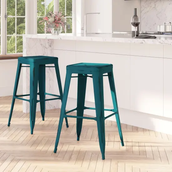 Merrick Lane Elba Series Metal Stool with Powder Coated Finish and Integrated Floor Glides Kelly Blue-Teal {1}
