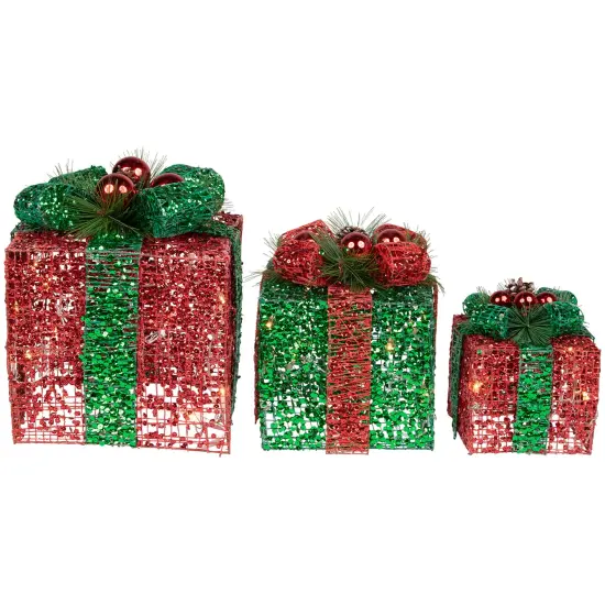 Northlight LED Lighted Glitter Threaded Gift Boxes Outdoor Christmas Decoration - Set of 3 Red {6}