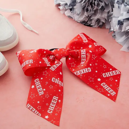 20 Pack 8 Inch Cheer Bows for Cheerleaders, Elastic Ponytail Holders for Women and Girls, Large Bulk Polyester Hair Ribbons for Softball, Volleyball, Gymnastics (2 Designs, Red) {2}
