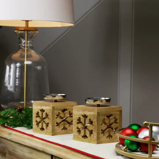 Northlight Snowflake Box Wooden Christmas Tealight Holders - 4.75" - Set of 2 Brown {3}