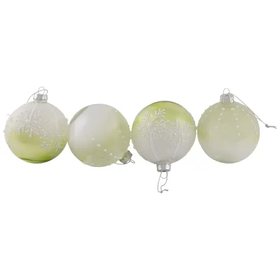 Northlight Snowflakes Shiny Glass Ball Christmas Ornaments - 3" (80mm) - Green and White- 4ct {5}