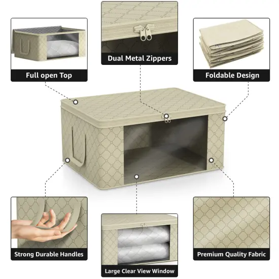 Sorbus Medium Clothes Storage Bags 6 Pack - Foldable Blanket Organizer Bins with Window, Lids, and Handles Beige {5}
