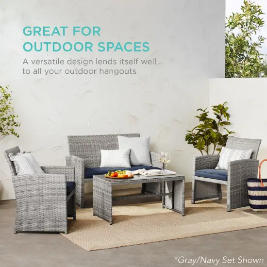 Best Choice Products 4-Piece Outdoor Wicker Patio Conversation Furniture Set w/ Table, Cushions Natural/Cement Gray {6}