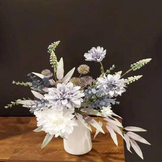 Artificial Dahlia Bouquet &ndash; White and Blue Silk Flowers for Vase, Home Table Decor Bathroom Decoration {3}
