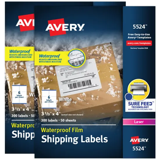 Avery Waterproof Labels with Ultrahold Permanent Adhesive, 3-1/3" x 4", Laser, 2-Pack, 600 Labels Total (25524) {1}