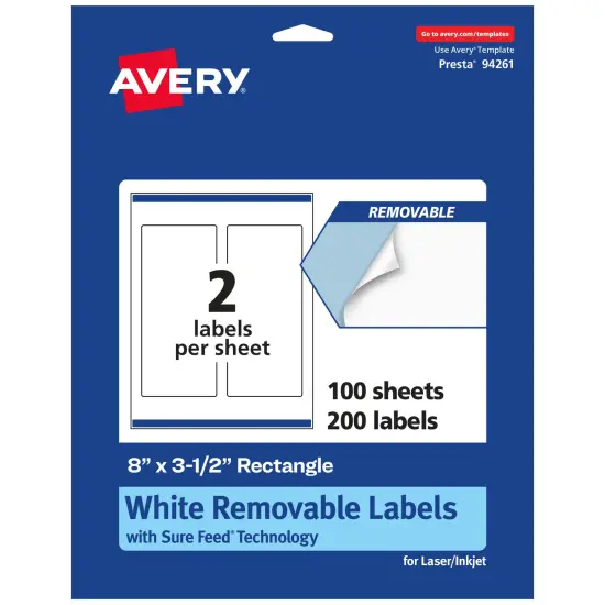 Avery Matte White Removable Rectangle Labels with Sure Feed Technology, Print-to-the-Edge, 8" x 3.5" {7}