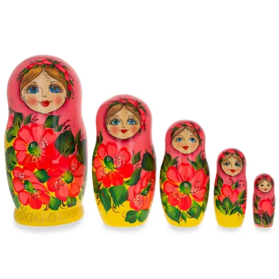 Set of 5 Pink Scarf and Yellow Dress Wooden Nesting Dolls 7 Inches {1}
