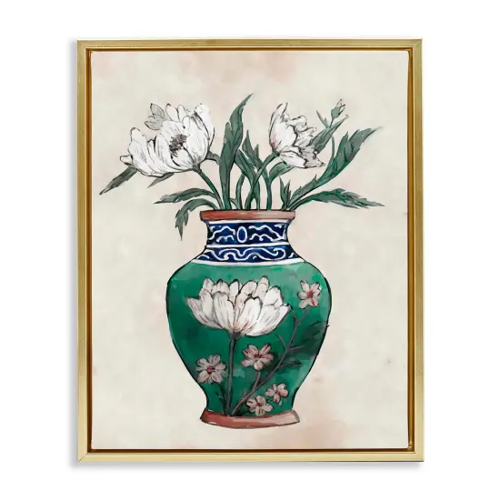 Stupell Industries Floral Oriental Vase Framed Floater Canvas Wall Art Gold Floater Frame {1}
