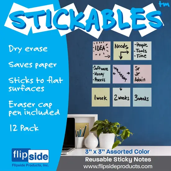 Dry Erase Stickables with Dry Erase Marker, Pastel Assorted, 3" x 3", Pack of 12 {1}