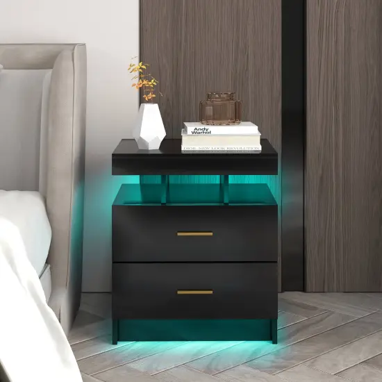 Costway LED Nightstand Set of 1/2 with 2 Storage Drawers Adjustable Light Mode Remote Control {2}