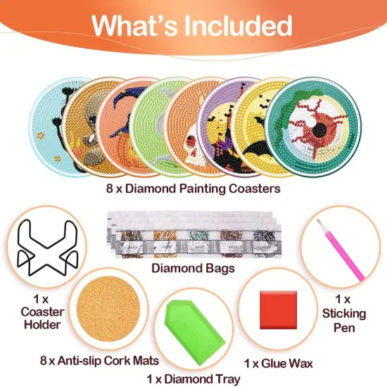 8Pcs Halloween Diamond Art Painting Coasters Kit with Holder {5}