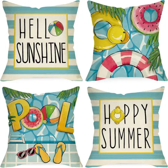 Hello Sunshine Pool Decorative Throw Pillow Covers 18x18 Set of 4, Happy Summer Duck Watermelon Swimming Ring Cushion Case Decor, Blue Stripes Flip Flops Seasonal Home Decoration for Sofa Couch {1}