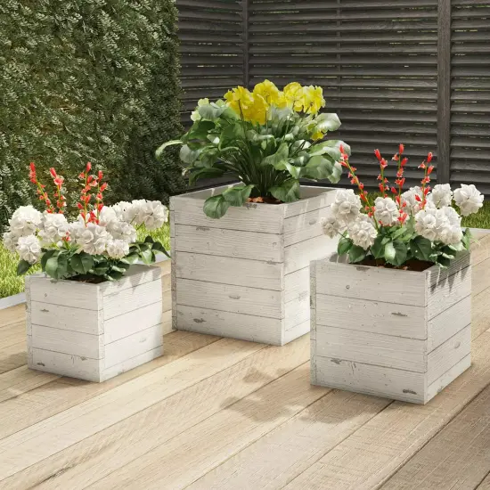 Square Fiber Clay Planter Set 3-Piece Varying Height Rustic Wood Look Pots {1}