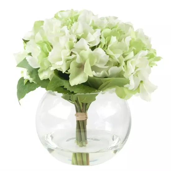 Floral Centerpiece in Glass Vase Hydrangea Artificial Flowers with Leaves Faux {1}