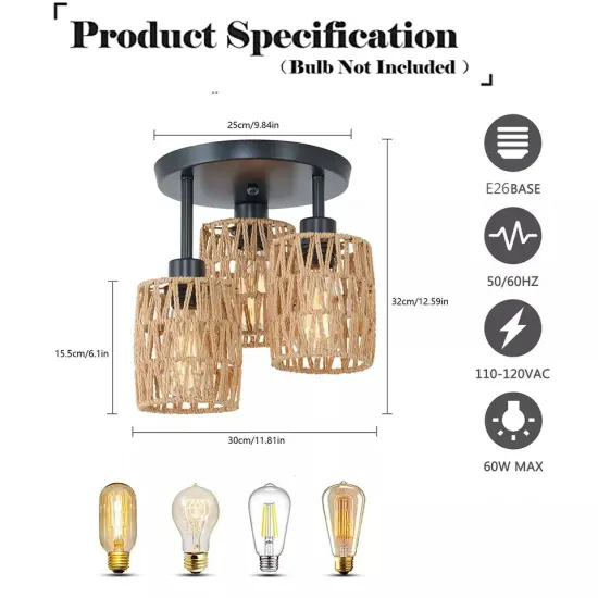 3-Light Semi Flush Mount Ceiling Lamp Farmhouse Rattan Pendant Lamp Fixture {2}