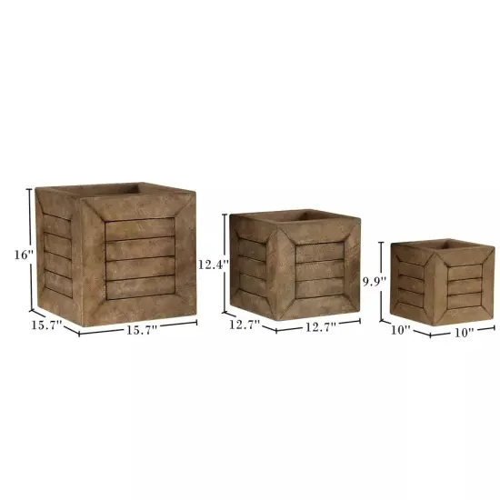 Square Fiber Clay Planter Set 3-Piece Varying Height Rustic Wood Look {3}