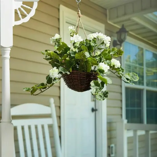 Faux Flower Hanging Basket White Geranium Patio Indoor Garden Lifelike Decor {3}