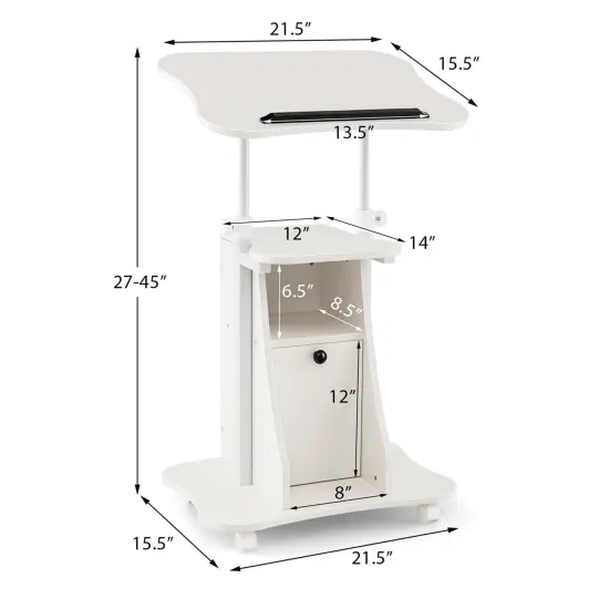 Costway Mobile Podium Stand Office Laptop Cart with Storage Adjustable Height White/Black {3}