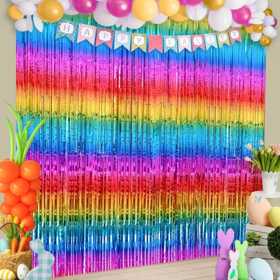 XtraLarge Rainbow Backdrop Curtain - 3.2x8 Feet, Pack of 2 | Rainbow Birthday Decorations | Easter Backdrop Curtain for Easter Decorations for Home | Rainbow Streamers for Pride Decorations {1}