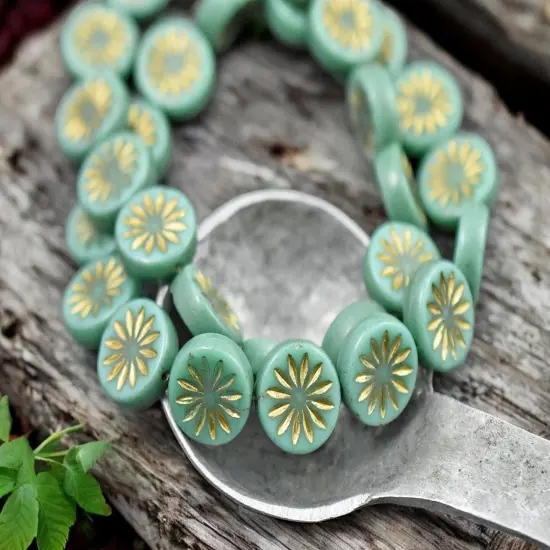 *15* 12mm Gold Washed Green Turquoise Aster Flower Coin Beads {4}