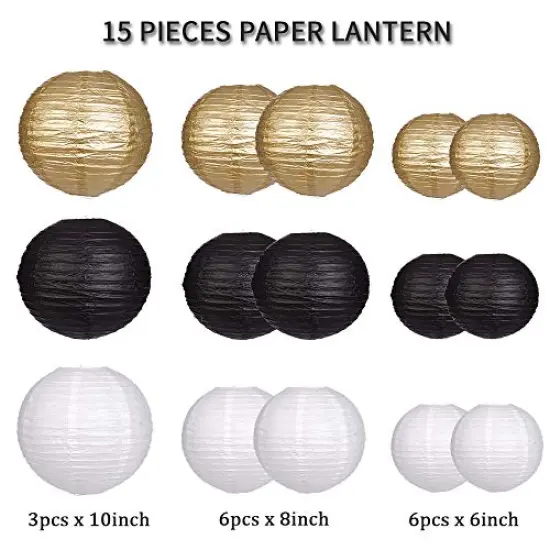 15 Pieces Paper Lanterns Decorative, Round Hanging Paper Lanterns Decorations for Wedding Graduation Anniversary Birthday Party Supplies Black/Gold/White {2}