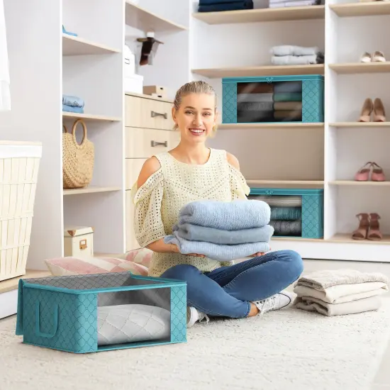 Sorbus Medium Clothes Storage Bags 6 Pack - Foldable Blanket Organizer Bins with Window, Lids, and Handles Aqua {2}