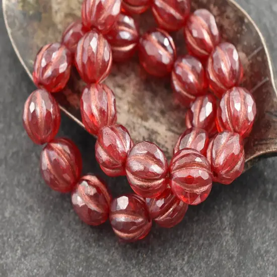 *12* 10mm Copper Washed Ruby Red Luster Faceted Round Melon Beads {2}