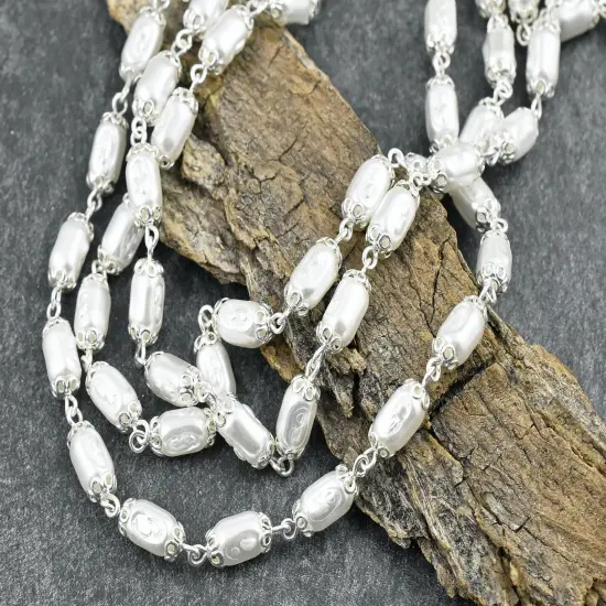 10x5mm Czech Glass White Pearl Chain w/ Bright Silver -- Sold by the foot {3}