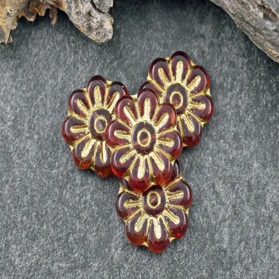 *6* 18mm Gold Wash Ruby Red Daisy Flower Beads {4}