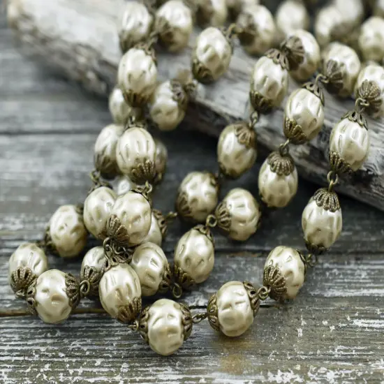 10mm Czech Glass Satin Taupe Baroque Pearl Chain with Antique Bronze Caps -- Sold by the foot {4}
