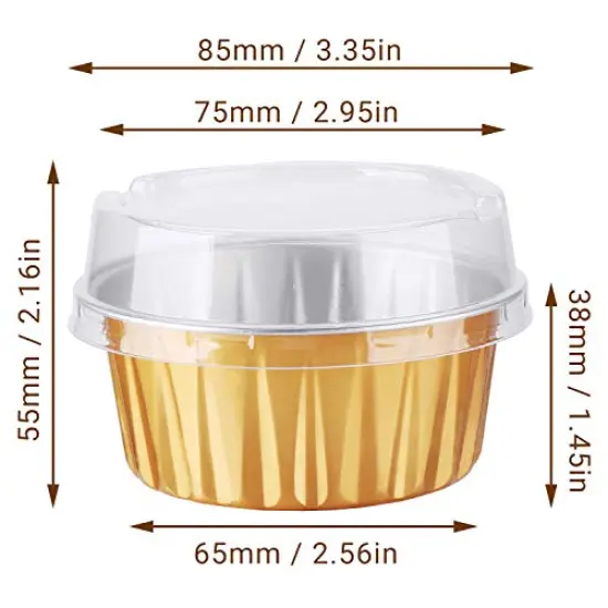 50 Pck Disposable Ramekins, Gold 50pcs 5oz Mini Aluminium Foil Baking Cups with Lids Creme Brulee Cupcake Liners, Desert Cheesecake Pans Flan Molds Tin Cups Containers for Party Favor Birthday {2}