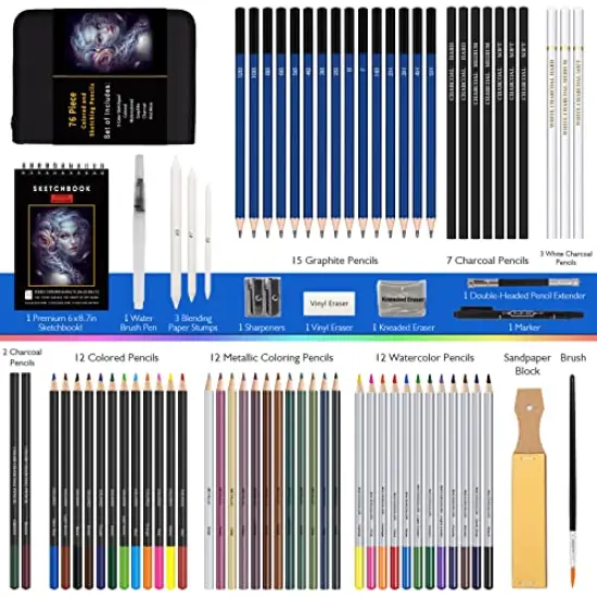 76-Pack Drawing Set Sketching Kit, Pro Art Supplies Include 50 Pages 3-Color Sketchbook, Colored, Watercolor, Graphite, Charcoal & Metallic Pencil, for Artists Adults Teens Beginners {1}