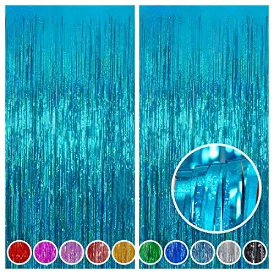 2 Pack 3.2 ft x 8.2 ft Teal Tinsel Foil Fringe Curtains Backdrop, Sparkle Metallic Foil Curtains for Birthday Party Decoration {2}