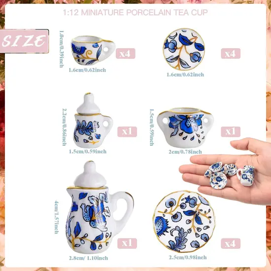 2 Set 1:12 Dollhouse Miniature Porcelain Tea Cup 30 Pieces Mini Flowers Pattern with Golden Trim Teapot Cup Plate Dollhouse Kitchen Accessories (Charming Style) {1}