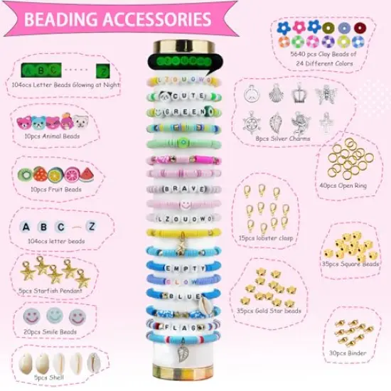 6100 Pieces Polymer Clay Beads for Bracelets Making Aesthetic Kit 24 Colors Flat Heishi Beads for Jewelry Making DIY Set with Letter Beads, Smile Face Beads and Charms for Girls Gift {6}