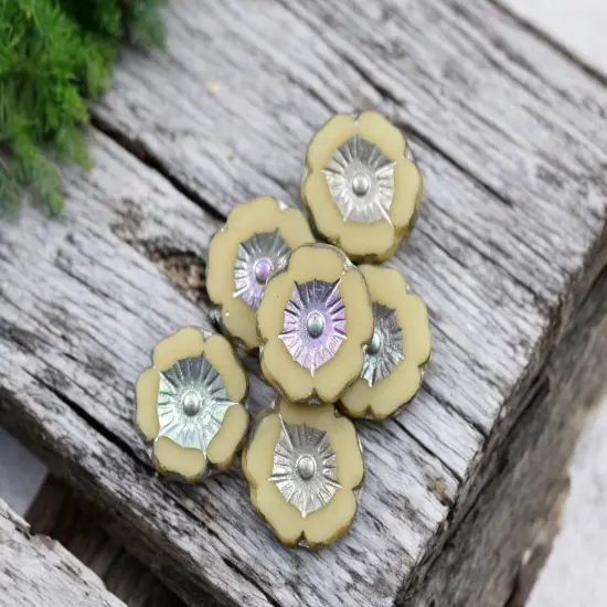 *12* 12mm Antique Silver AB Washed Opaque Ivory Table Cut Hawaiian Flower Beads {1}