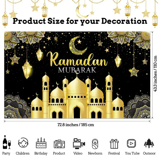 Backdrop Banner Muslim Kareem Background Eid Sign Photo Booth for Home Al Fitr Party Supplies (Black) {1}