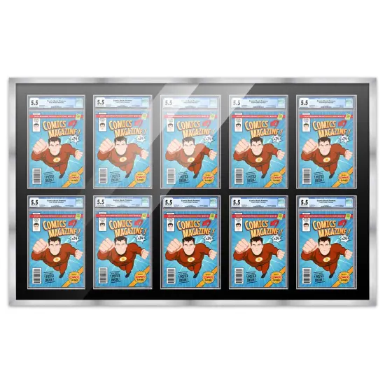 Comic Book Frame with Mat for 10 Graded Comics - Silver Wood Comic Frame With Black Mat for 8.125x13 Comics - 44x28.25 Frame Size {1}