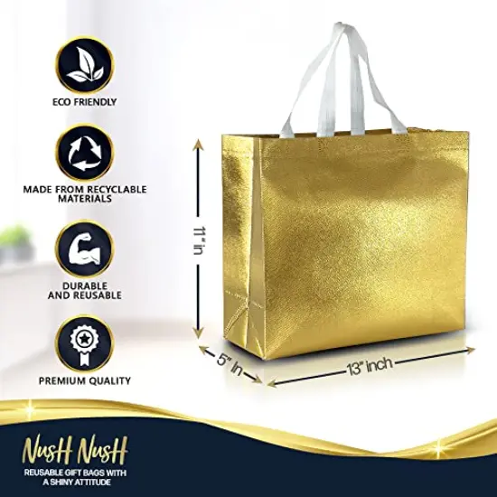 15 Pieces Gold Gift Bags Large Size &ndash;Reusable Gold Gift Bags With White Handles - Perfect As Christmas Gift Bags, Goodie Bags, Birthday Gift Bags, Party Favor Bags &ndash;13Wx5Dx11H {3}