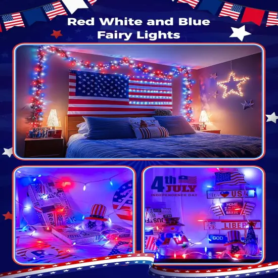 Red White Blue LED Mini Lights, 39Feet 100 LED 4th of July Decor String Lights with 8 Lighting Modes, Connectable Independence Day Lights for Wreath Indoor Outdoor Memorial Day Decoration, White Wire {2}