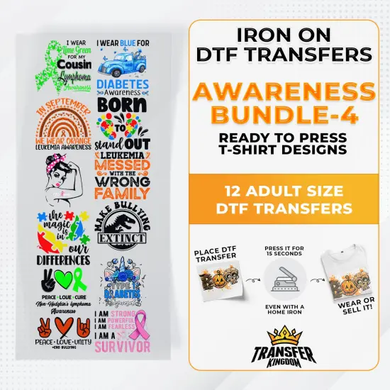 Iron on DTF Transfer Awareness Month Bundle 4 - 12 Best Seller T-shirt Designs Ready To Press {1}
