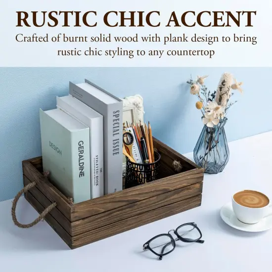 Rustic Brown Wood Decorative Storage Organizer Bin with Rope Handles, Open Top Small Crate Box for Bathroom Accessories, Books, Crafts, Fruits {2}