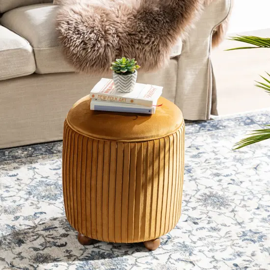 Modern Dusty Pleated Velvet Upholstered Storage Ottoman or Accent Stool with Rubberwood Ball Feet Brown {4}