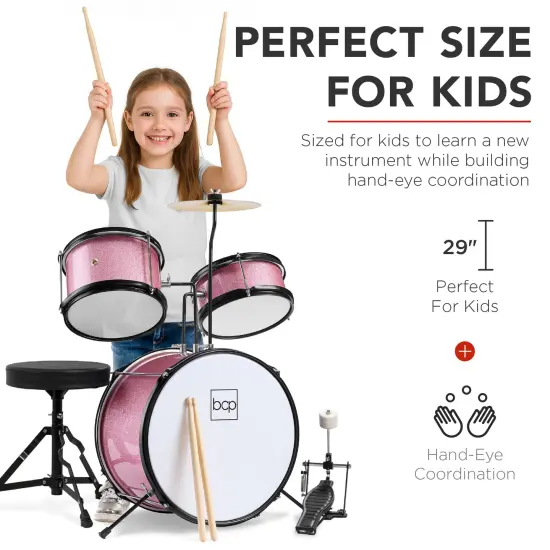 Best Choice Products Kids Beginner 3-Piece Drum, Musical Instrument Set w/ Sticks, Cushioned Stool, Drum Pedal Pink Sparkle {6}