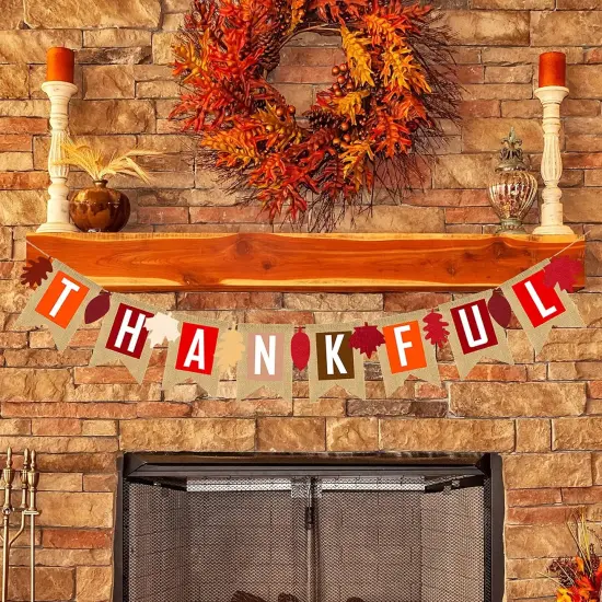 Thankful Burlap Banner Fall Autumn Maple Leaves Rustic Burlap {5}